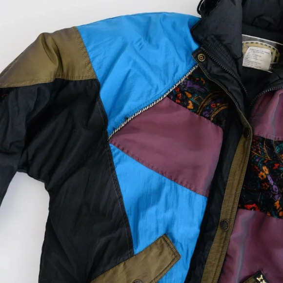 Vintage 90's ISPO Blue & Black Patchwork Funky Puffer Zip Up Winter Jacket S - Picture 8 of 15
